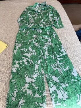 Aqua Green Botanical Print Wide-Leg Jumpsuit